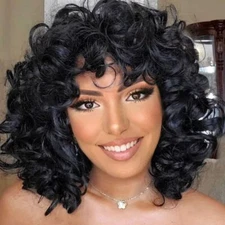  Afro Kinky Wigs With Bangs Natural Cute Black Synthetic Hair Wig For Daily Use