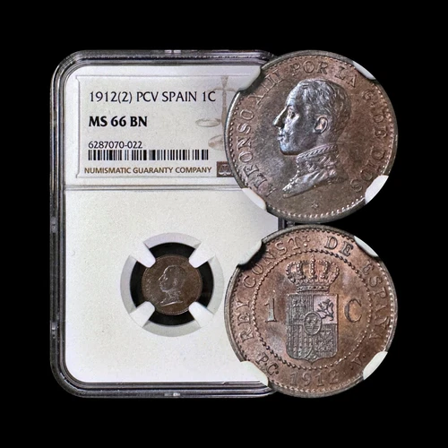SPAIN. 1912, 1 Centimo - NGC MS66 - Top Pop 🥇 Alfonso XIII, Crowned Arms PC-V