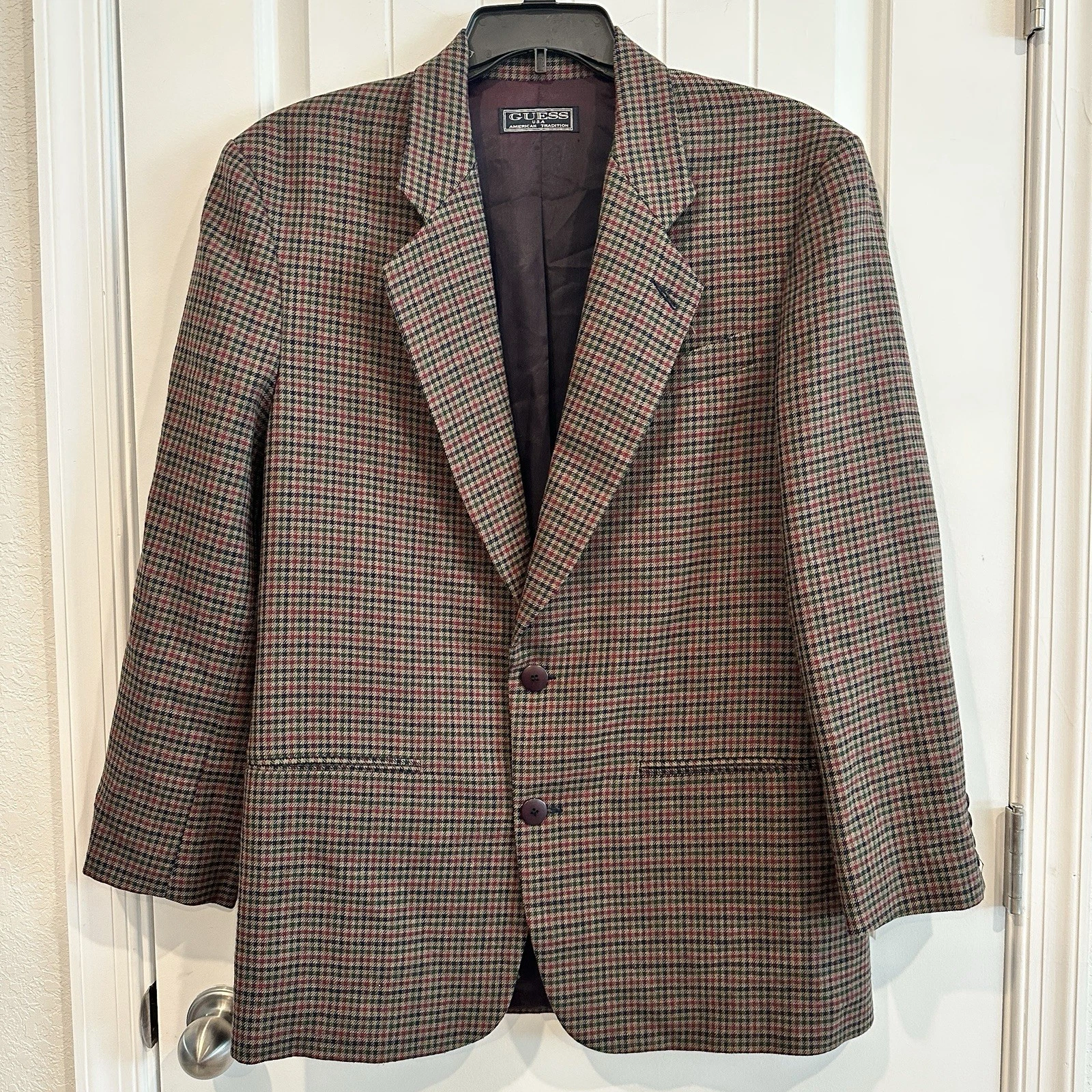 Guess USA American Tradition Wool Blazer Brown Plaid Size M Vintage Made in USA