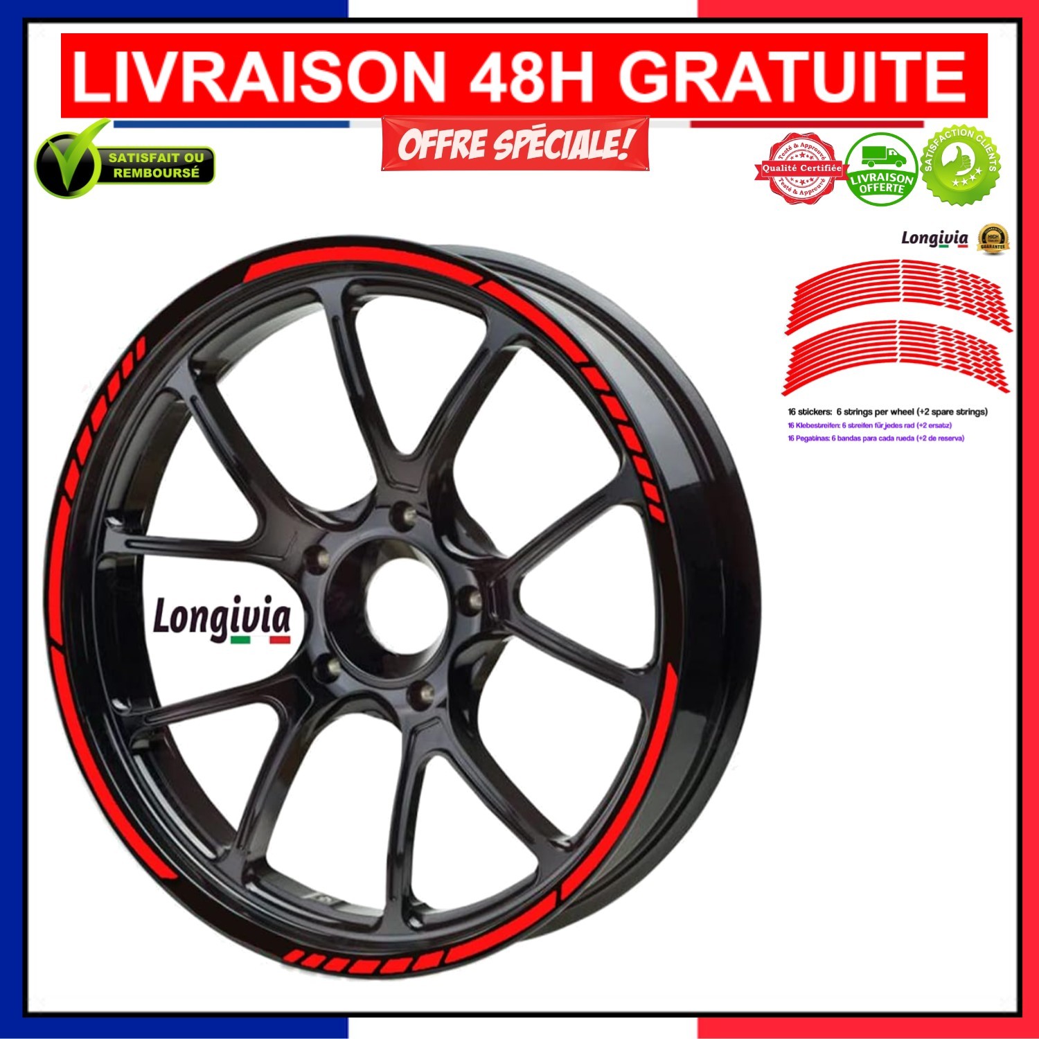 Autocollants jantes moto rouge 17-19 pouces avec 16 bandes réfléchissantes pour jante de scooter