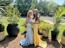 Light Blue Satin Mermaid Formal Dress, Glitter Cut-Out Accents, Backless, Slit