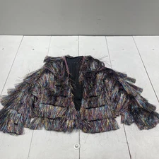 Acme Fun Jacket Womens Medium Multicolor Tinsel Fringe Open Front Party Glitter