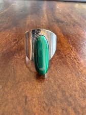 Mexico Sterling Silver and Green Malachite Stone Ring Adjustable Size 10 1/2