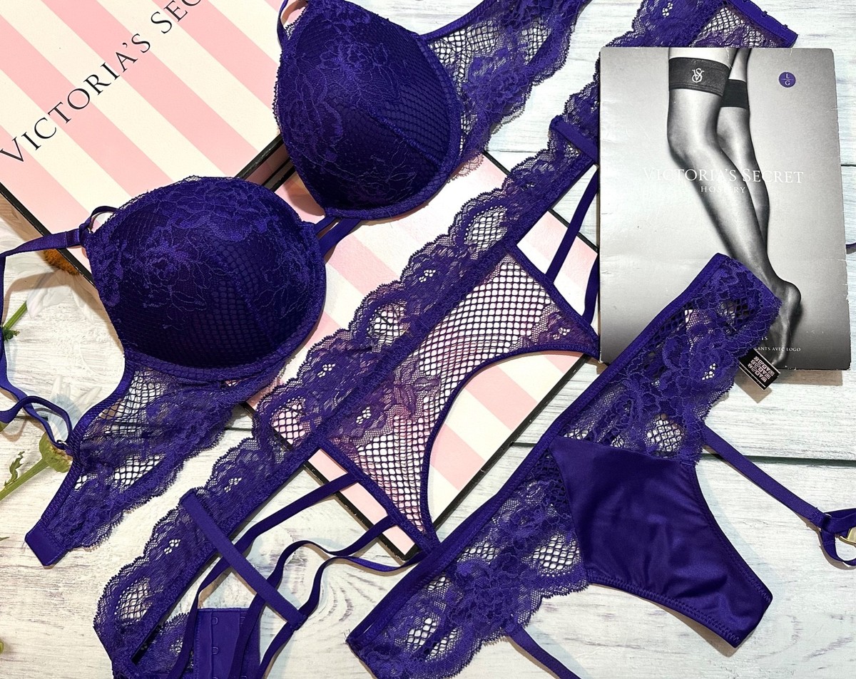 Victoria's Secret Push Up Bra 4 piece Set Fishnet Stockings Garter Purple