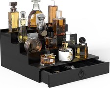 4 Tier Black Wood Cologne Organizer Perfume Display Stand with Drawer