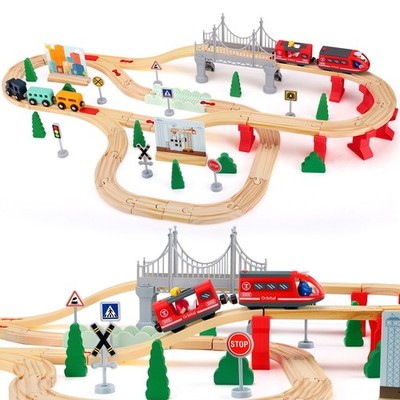 72Teile m/ 4 Zugwaggons Schienen Holzeisenbahn Set Eisenbahn Spielzeugeisenbahn