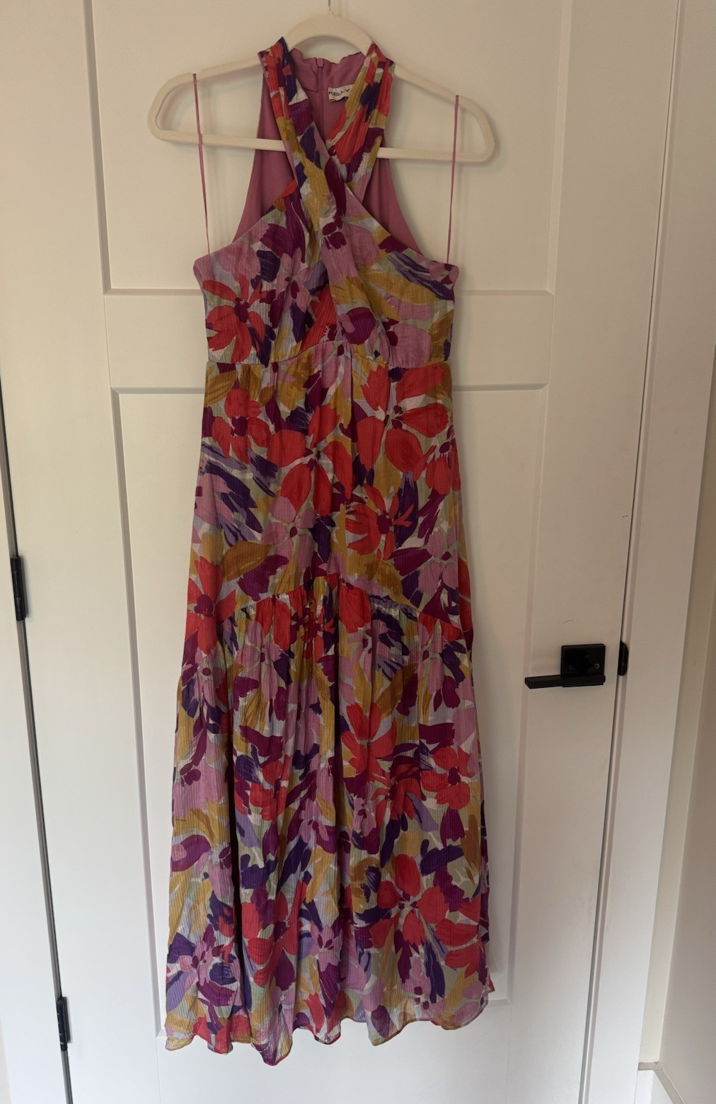 Maxi Vestido Kelly Grace 6 Rosa Púrpura Rojo Naranja Floral Halter Forrado de Gasa
