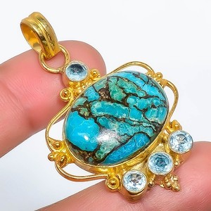 Authentic Natural Blue Turquoise 925 Silver Gold Plated Pendant 2.15" P7622-547