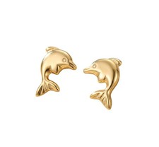 14K Solid Yellow Gold Dolphin Stud Earrings Stamped Real Gold Cute Ocean Animal