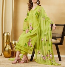 Women Green Hand Painted Cotton Kurta Pant Dupatta Set Indian Ethnic Wear
