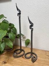Pair Hand Forged Brustalist Wrought Iron Candlesticks Flame Style Top Tall Set 2