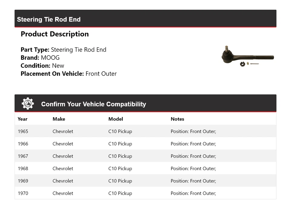 Extremo de barra de dirección exterior delantero MOOG 1965-1970 camioneta Chevrolet C10 Foto 2 de 4