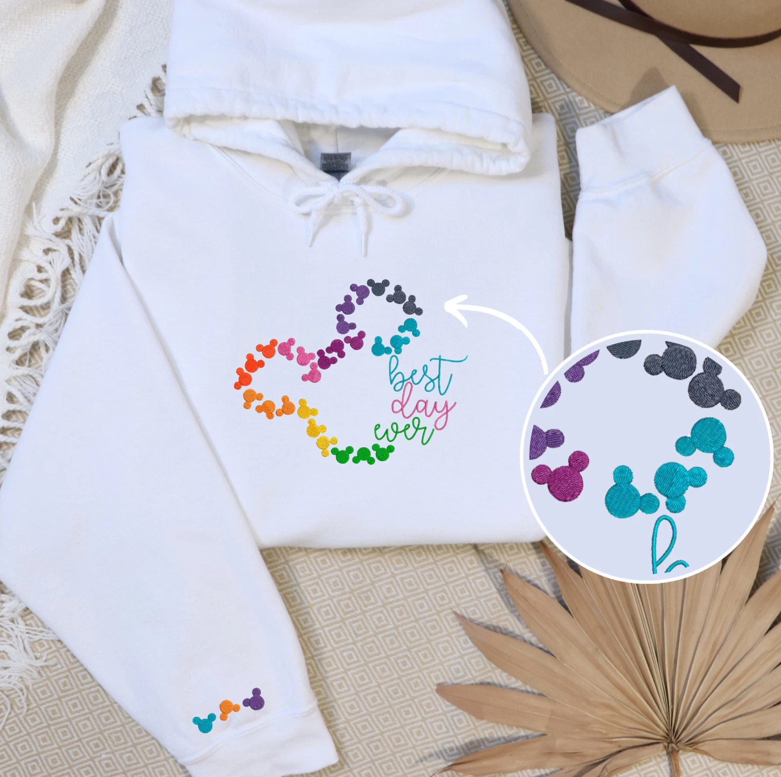 Mickey Mouse Best Day Ever! Embroidered Hoodies Sweatshirts w/ Sleeve Embroidery