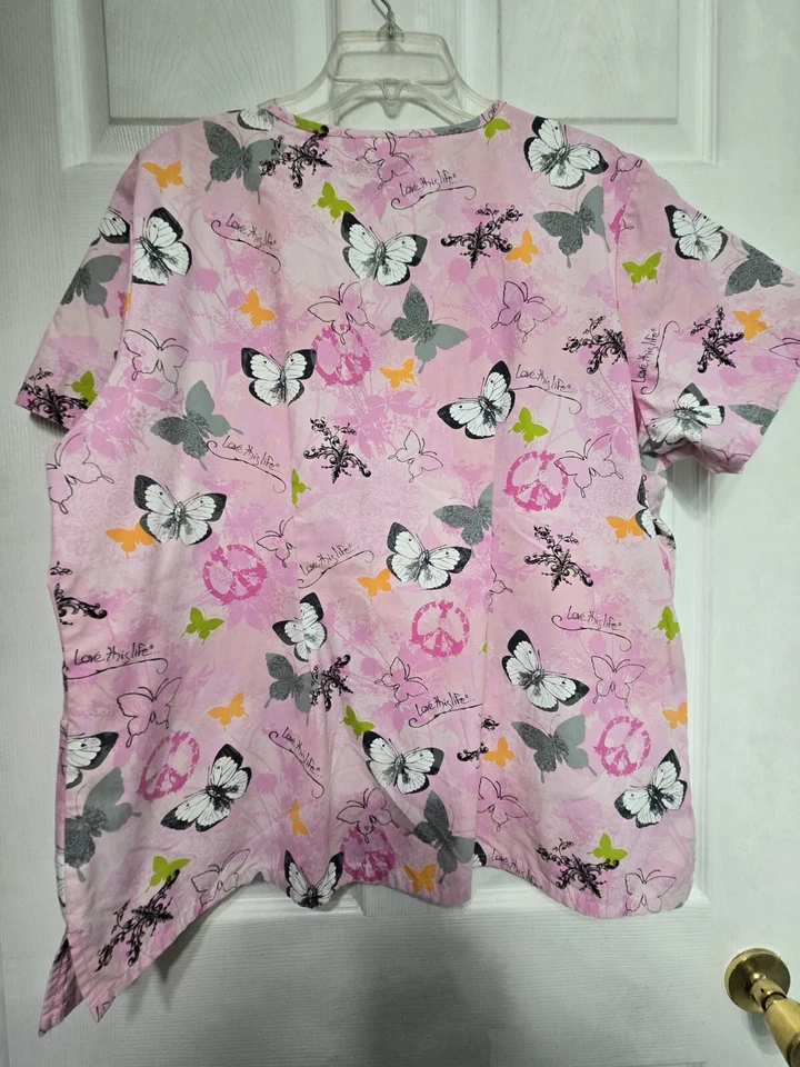 LOVE THIS LIFE Scrub Top size XL~Pink Butterfly/Peach Round-Neck-Chest 25"/L 27" - Image 2 of 4