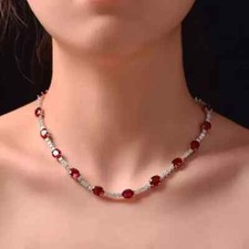 14K White Gold Finish 15Ct Oval Cut Lab Created Red Ruby Women's Tennis Necklace