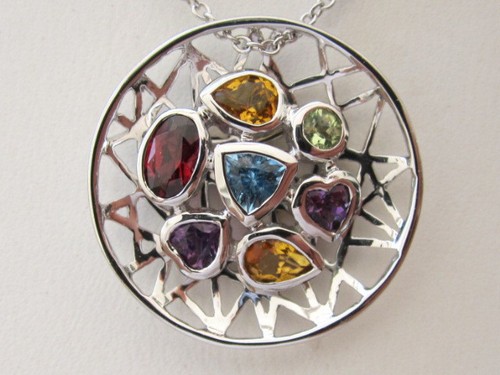 18k. White Gold Multi Gemstone Circle Pendant, New - Picture 2 of 7