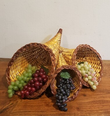 Horn Of Plenty Lacquered Wicker Cornucopia 3 Piece Set w/ 4 Mini