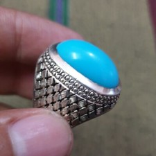 Turquoise Stone Mens Ring 925 Sterling Silver Feroza Rings Size 10 Handmade