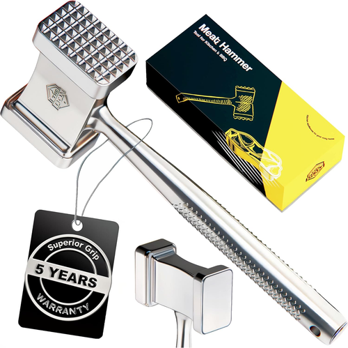 100% Stainless Steel Meat Mallet Hammer Tenderizer, Textured Grip for Superior C