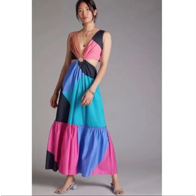 Anthropologie Geisha Designs Flounced Cut-Out Colorblocked Maxi Dress 00 |  eBay
