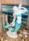 Nautical Capiz Blue Tailed Siren Mermaid Listening To Sea Conch Statue 11.75"H