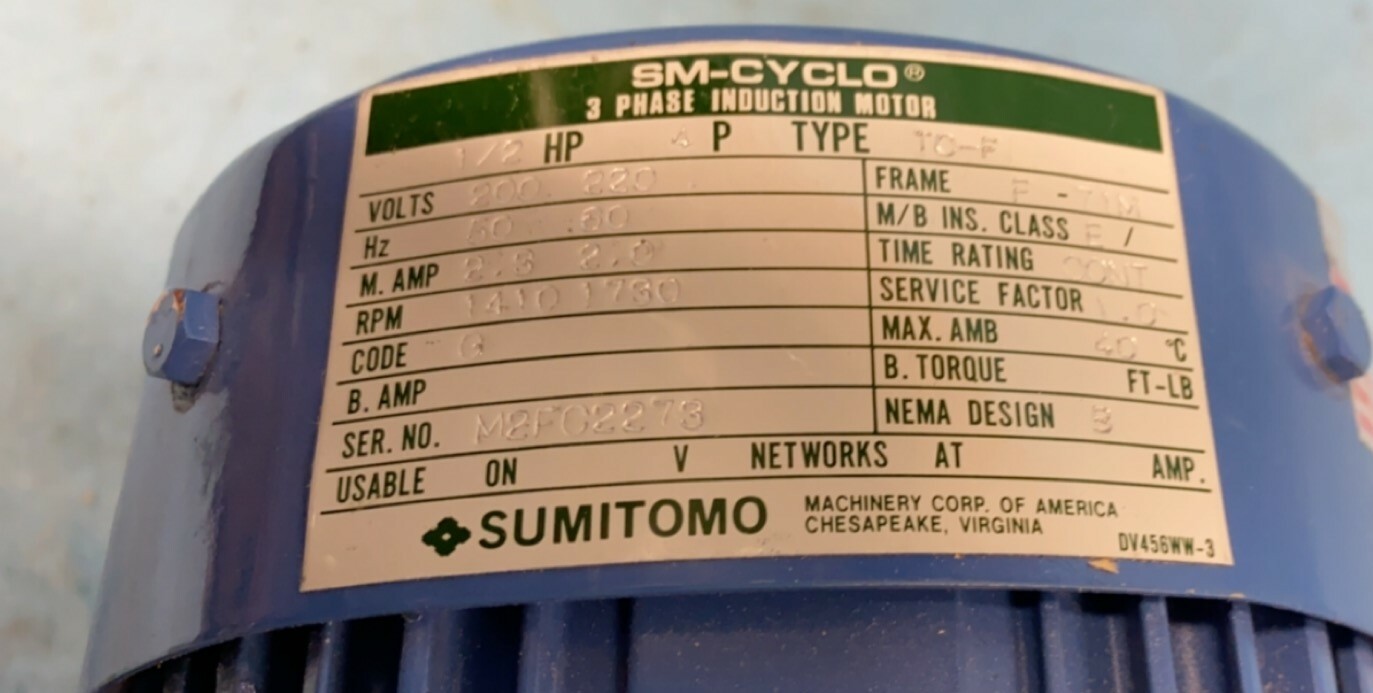 SM CYCLO CNVM05-5085-21 INDUCTION MOTOR 1/2HP, RATIO 21:0, 1410-1730 RPM, 4P