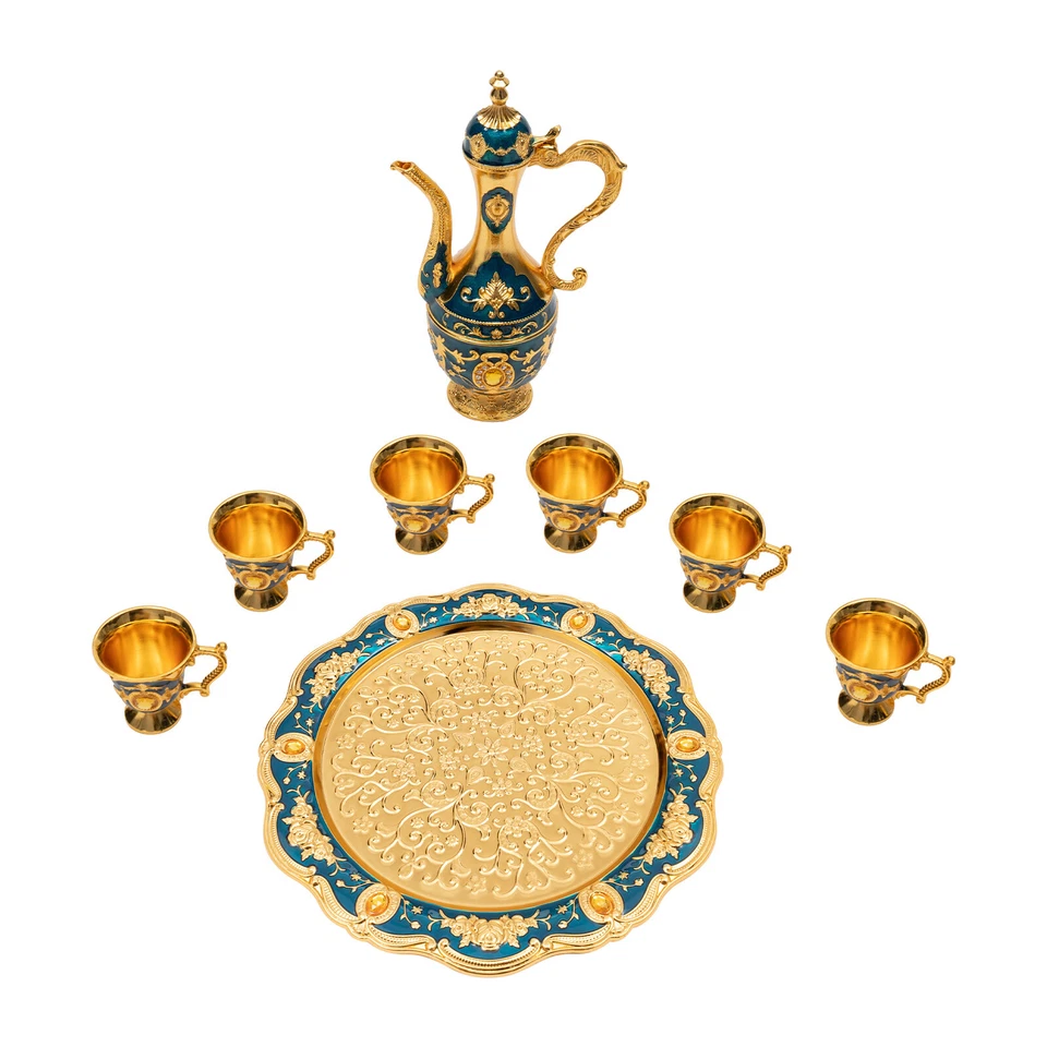 Vintage Metal Turkish Coffee Tea Pot Set With 6 Luxury Coffee Cups & Tea Tray ! - Image 2 of 4