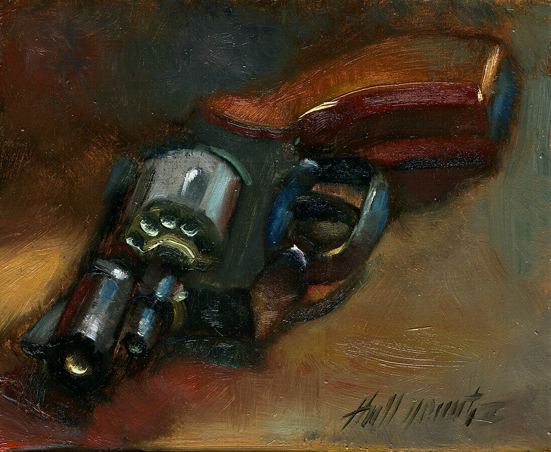 Pistol, Handgun 5 x7 in. Original Oil on panel  HALL GROAT II Natychmiastowa dostawa najnowszych prac