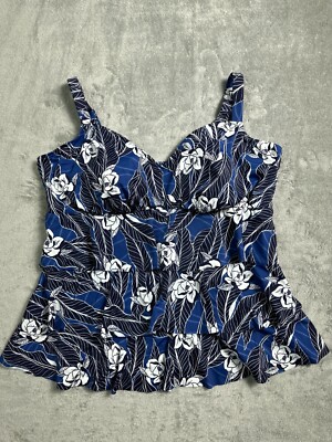 NWT Womens Plus 22W Tankini Swim Top Tiered OTS Blue Floral Swim Solutions