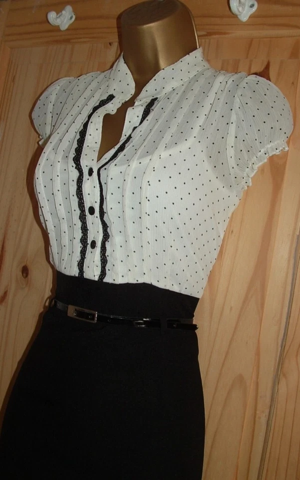 Negro Crema Lápiz Mueva Lunares Blusa Elegante Trabajo Oficina Vestido Talla 12 Foto 2 de 4
