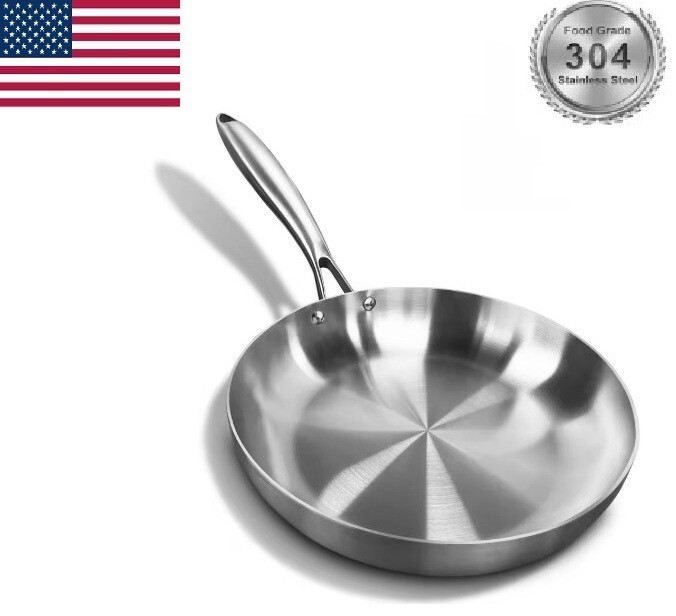 Premium 304 Stainless Steel 11" Frying Pan Non-Stick & Uncoated for Steak