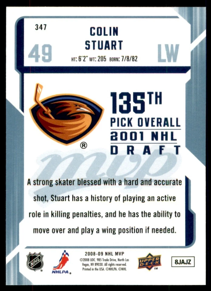 2008-09 Upper Deck MVP Colin Stuart RC #347 - Image 2 of 2