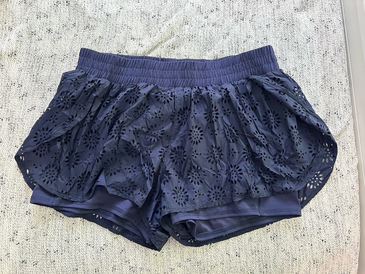 Aerie Nylon Navy Running Shorts With Flower Eyelets NWT Size Large