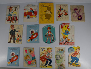 14 Vintage Birthday Cards MCM Kitschy Space Age Children Kids Animals Fold Out