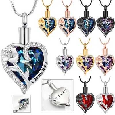I Love You Rose Flower Heart Urn Pendant Memory Necklace Cremation Jewelry Ashes