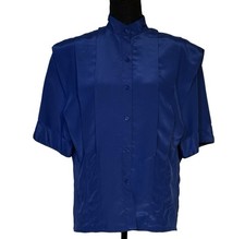 Vintage Oscar de la Renta Expressions Blue Satin Pleated Blouse Women  s Sz 10