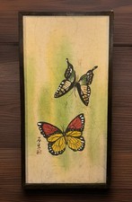 Signed Framed Japanese Watercolor Painting ‘Monarch Butterflies' •22.75”x11.6”