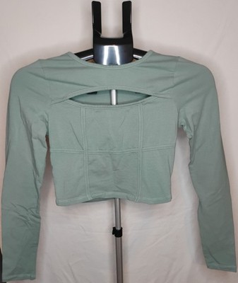 PAC Cares Women's Green Cotton Knit Cut-Out Cropped Long Sleeve Blouse S