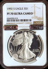 1992 S SILVER EAGLE DOLLAR NGC PF70 UCAM MAC UHCAM & FINEST SPOTLESS .