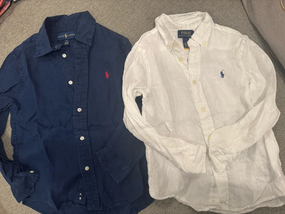 Polo Youth Size 6 Linen Shirts Navy And White Boys, Excellent Condition - Image 4 of 4