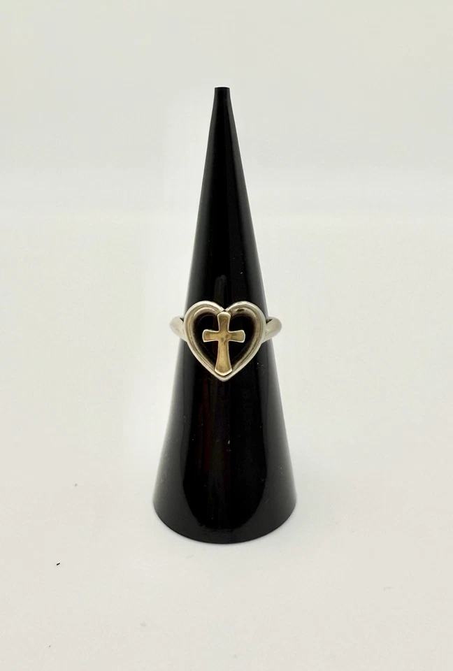 RETIRED & RARE James Avery Sterling Silver and 14kt Gold Cross Heart Ring Sz 5 - Image 3 of 4
