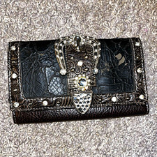 Women's Western Brown/Black Studded Buckle Snap Folding Wallet Card Slots