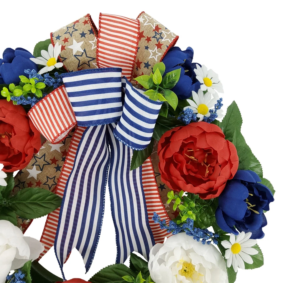 Corona de Peonía Artificial Exterior 20 pulgadas, Color Rojo, Blanco y Azul. Poliéster. Foto 4 de 4