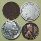 Lot of 4 Old Coins – 1 Indian Head Penny, 1 Lib V 5c, 1 Buffalo 5c & 1 Linc 1c