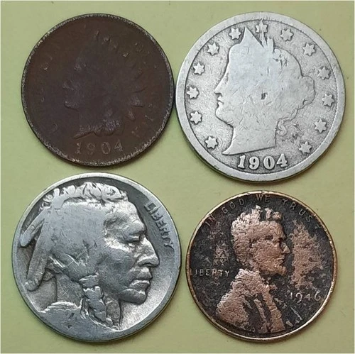 Lot of 4 Old Coins – 1 Indian Head Penny, 1 Lib V 5c, 1 Buffalo 5c & 1 Linc 1c