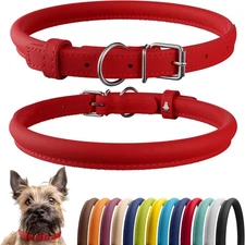 Rolled Genuine Leather Dog Collar Soft Padded Round Handmade RED 14'-16'