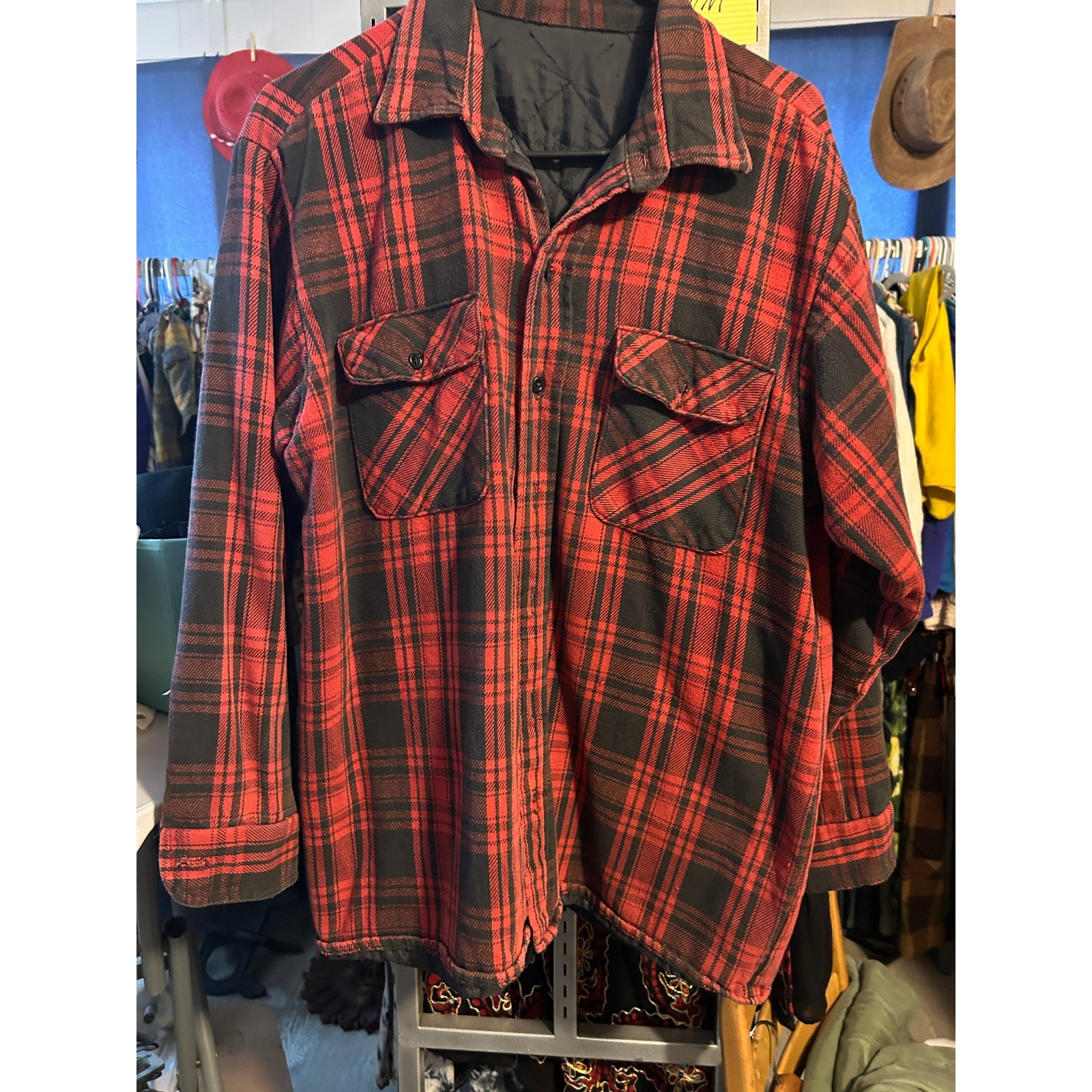 Vintage Red Black Quilted Flannel Jacket for Men Size L