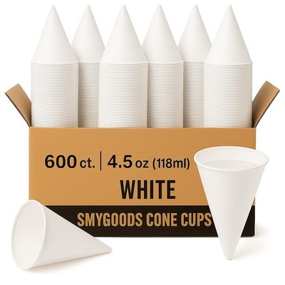 Disposable White Paper Cone Cups (Pack of 600-4.5 oz) Eco-Friendly, Leak-Proo...