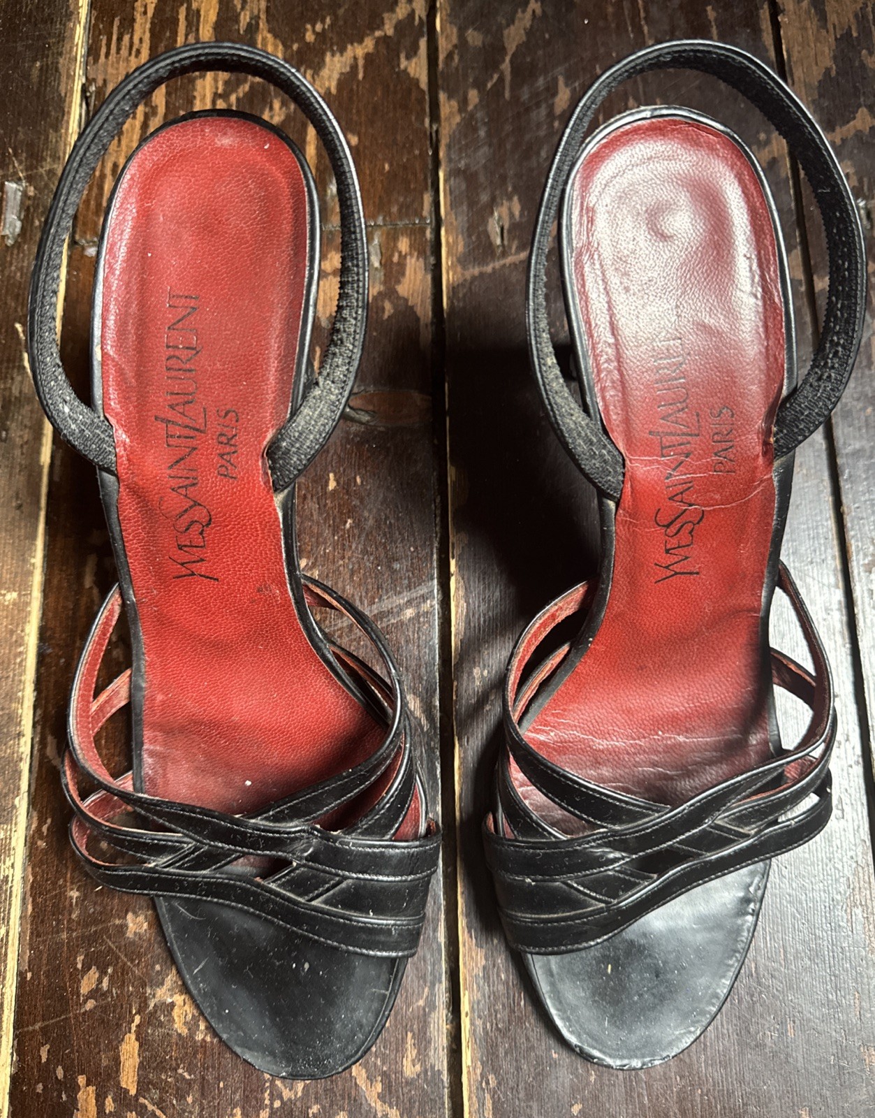 SANDALO VINTAGE anni 70 YVES SAINT LAURENT pelle nera incrociata cinturino tacco alto UK 4