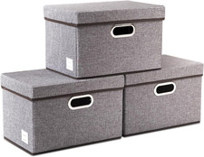 Foldable Storage Boxes with Lids 3-Pack Linen Fabric Collapsible Storage Bins